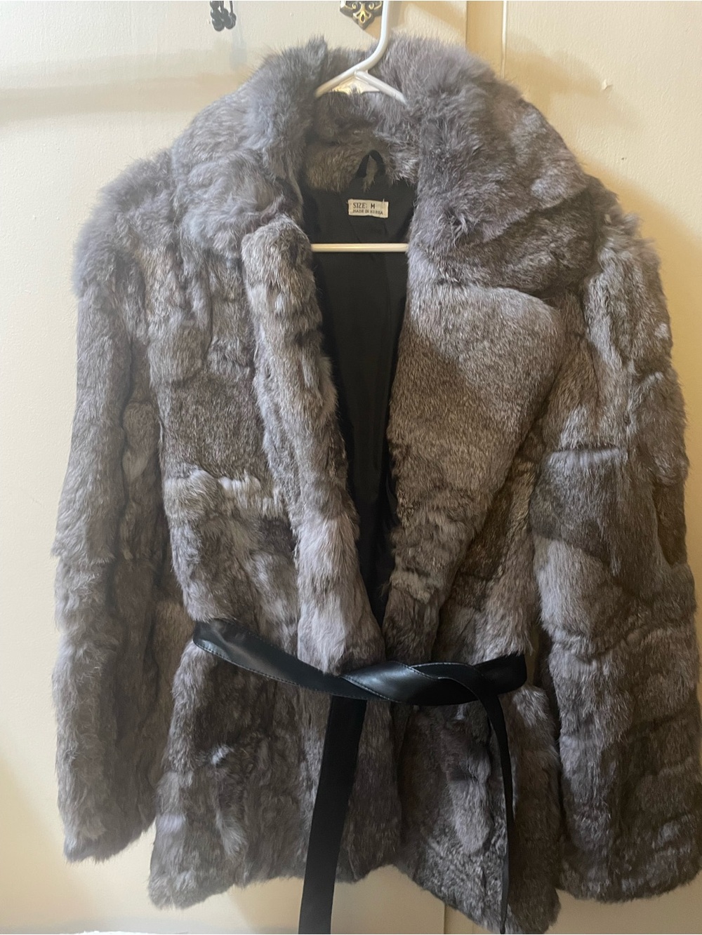 Vintage Rabbit Fur Wrap Coat – Wide Collar – Belted – Women’s M/L
